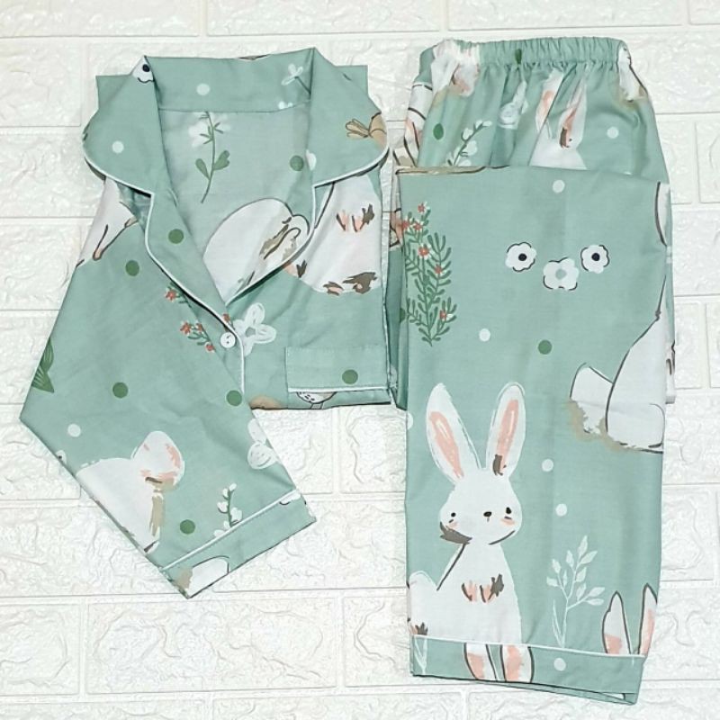 Baju tidur wanita piyama PP bahan soft katun adem lembut all size-Rabbit green