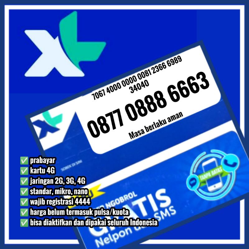 Kartu perdana nomor cantik XL 4G LTE dobel tripel 0888 666 x