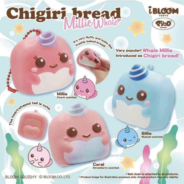 TERLARIS SQUISHY LICENSED Ibloom chigiri bread millie the whale 100% original - Biru