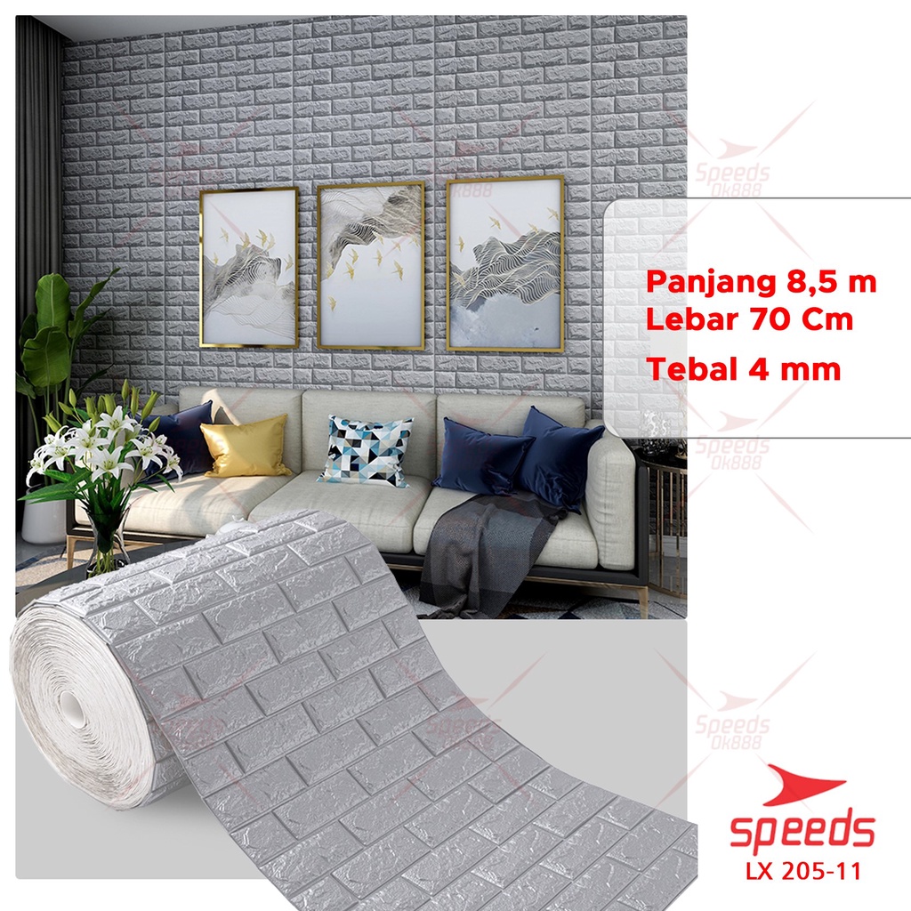 SPEEDS Perekat Wallpaper Dinding 3D Motif Foam Batu Bata Per Lembar 205-11-Bata Abu 8.5m 4mm
