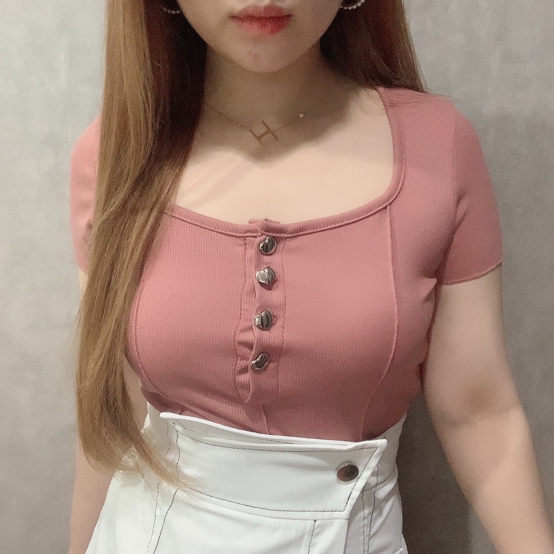 Love Button Crop Top | Atasan Wanita Korean Fashion | Maimon Grosir