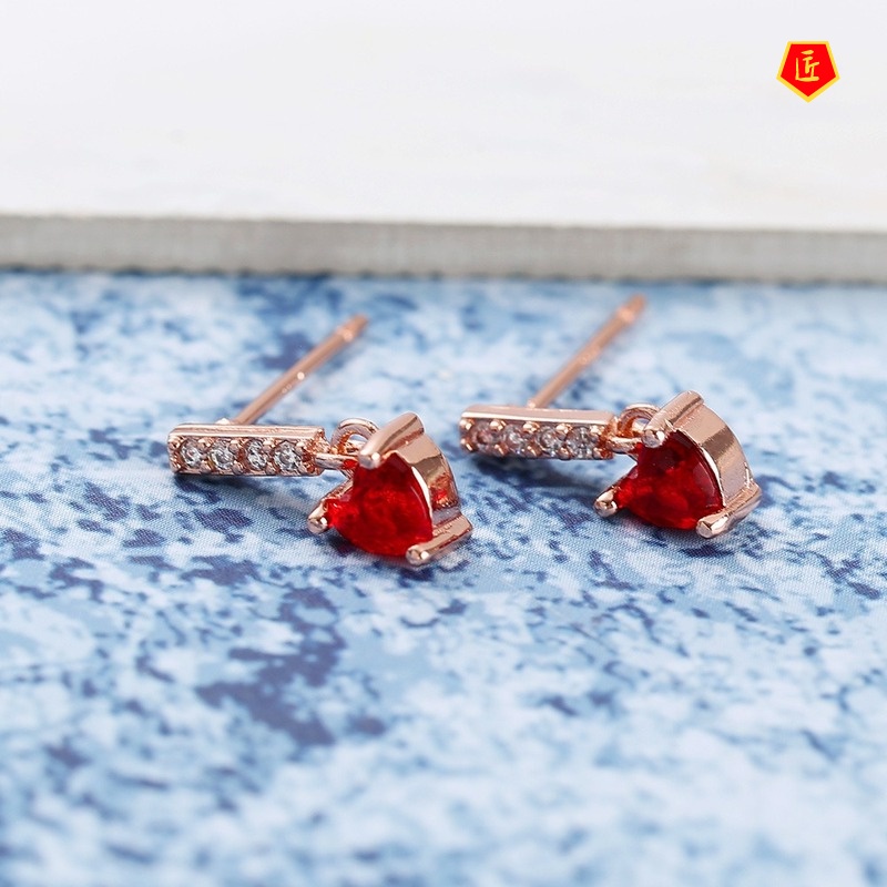 [Ready Stock]New Colored Gems Garnet Rose Gold Heart Shaped Stud Earrings