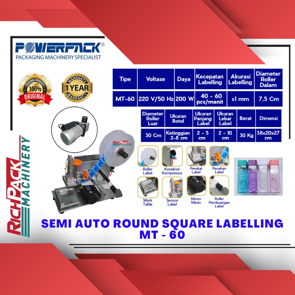 MESIN LABEL BOTOL LABELLING BOTOL MACHINE MT-60 POWERPACK