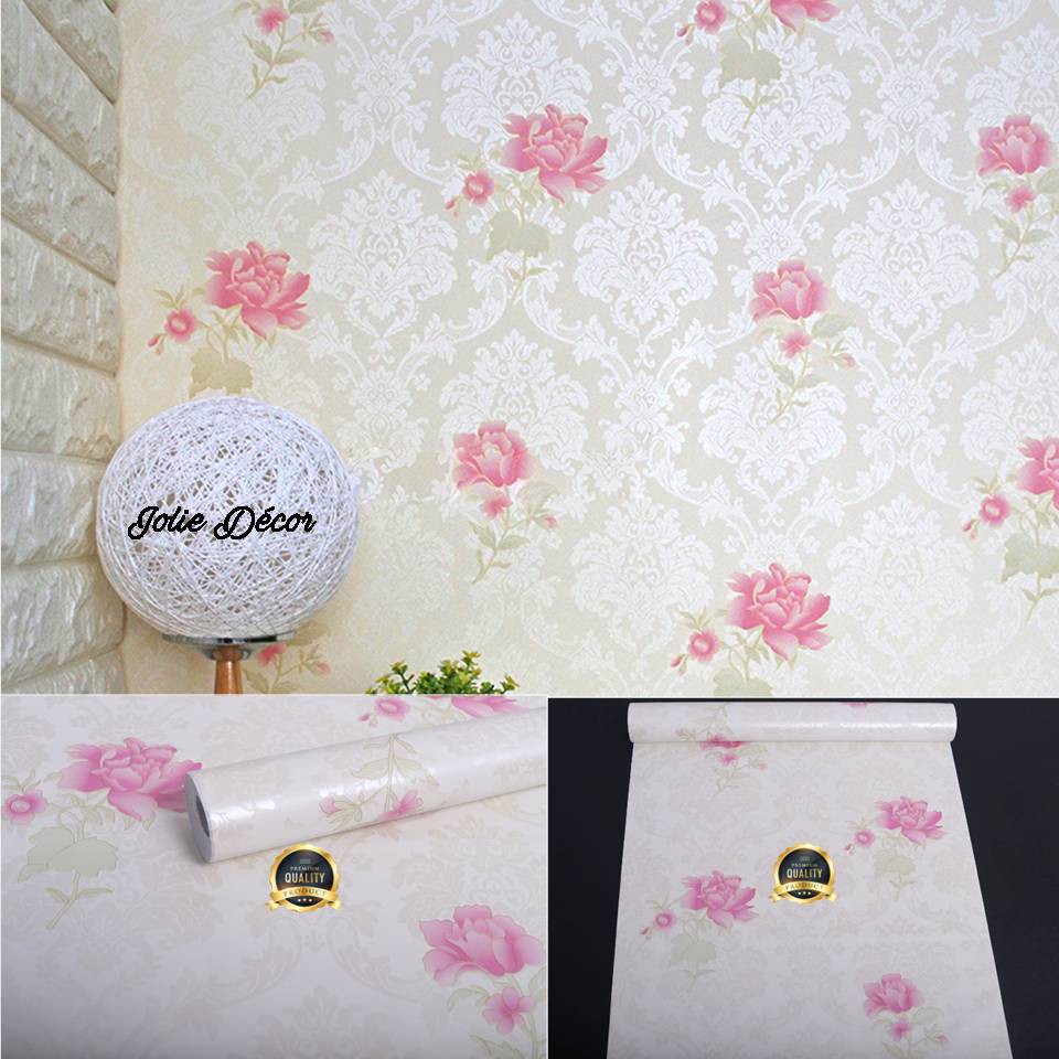 Wallpaper Sticker Premium Quality Bunga Pink Cantik Dasar Putih