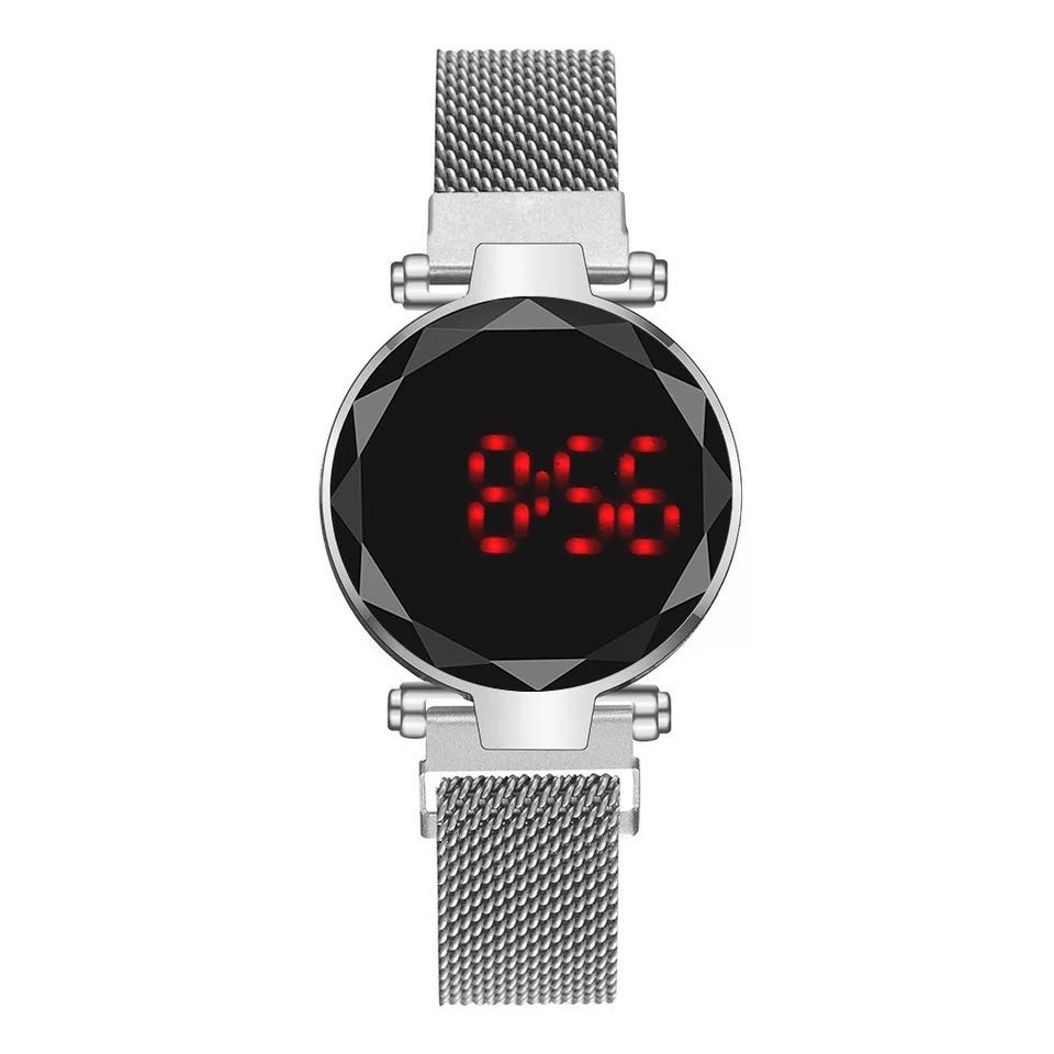Jam Tangan Magnet LED Touch Screen Bulat Digital / Jam Tangan Wanita Korea Strap Magnet LED-36-7 Silver