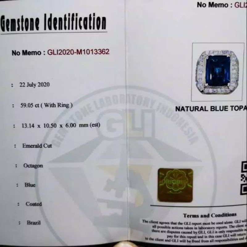 Batu Permata Natural Blue Topaz Octagon + Sertifikat GLI Lab