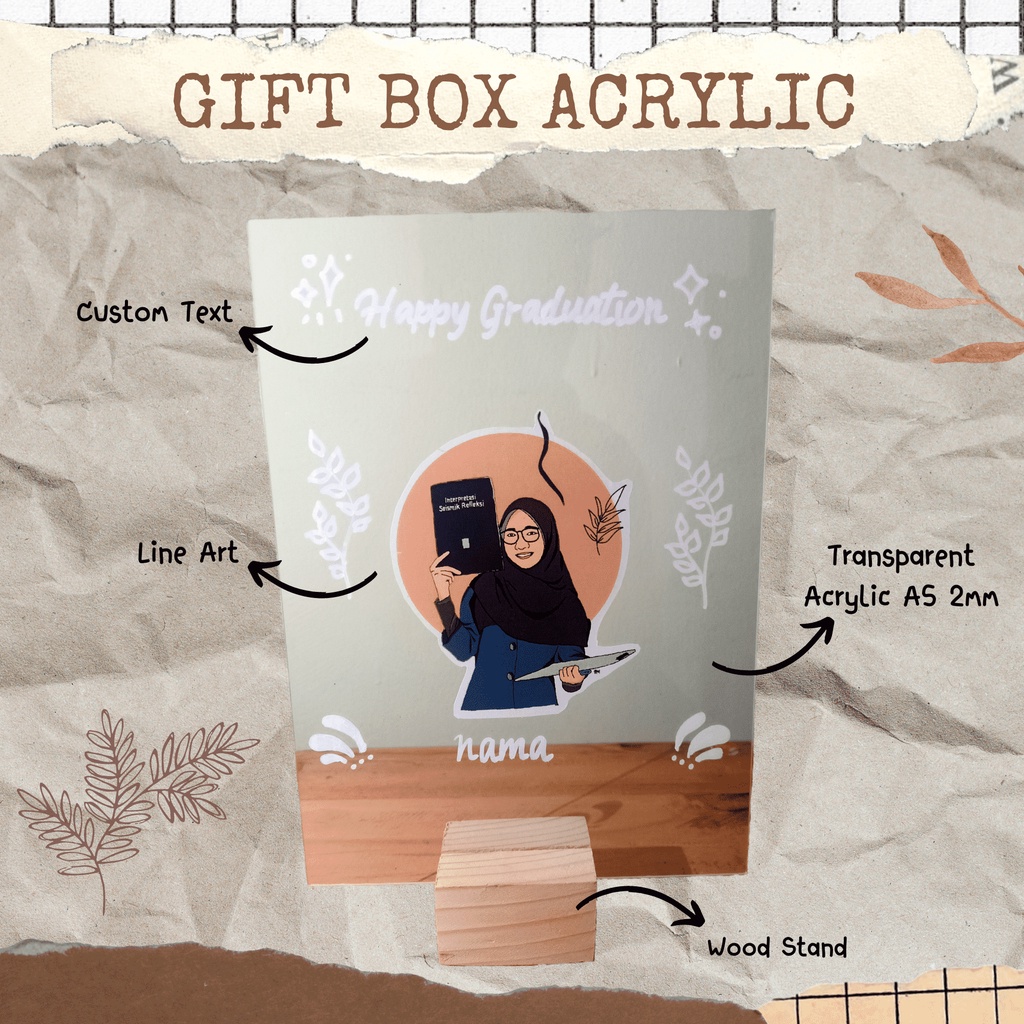 

Gift Box Acrylic / Karikatur / Vektor Art / Custom Foto / Kado / Hampers Ulang Tahun, Wedding, Anniversary, dan Graduation