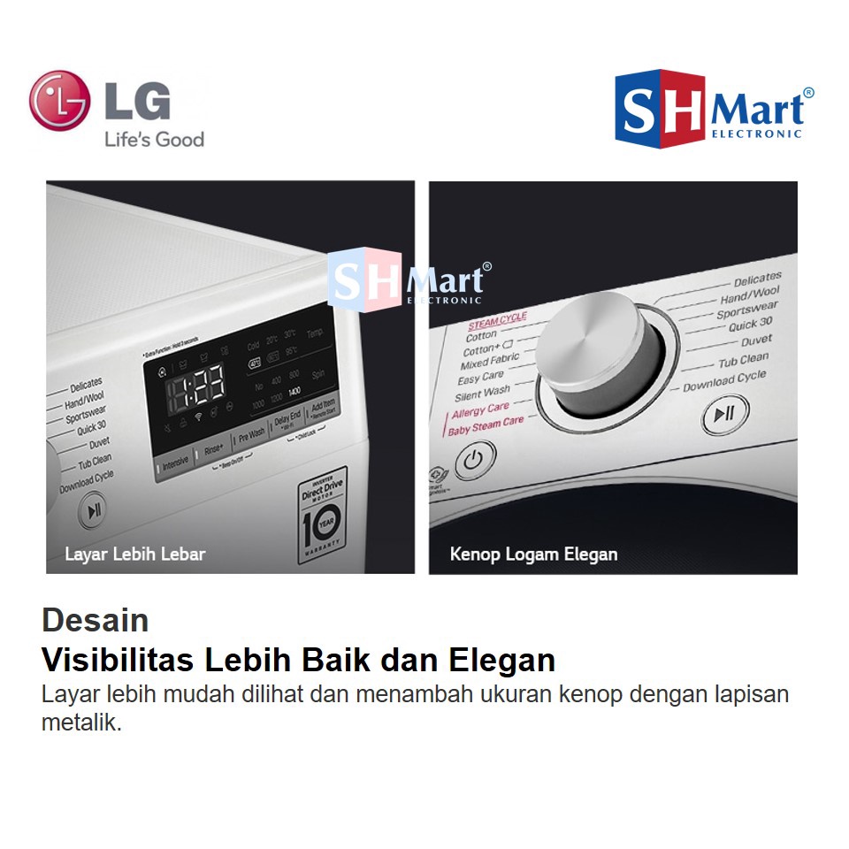 MESIN CUCI FRONT LOADING LG KAPASITAS 9 KG  FV1209S5W AI DD™ WITH STEAM™ INVERTER GARANSI RESMI (MEDAN)