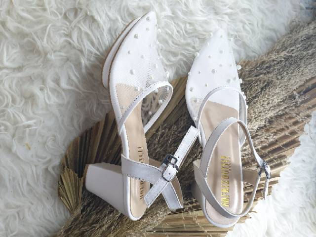 ready stok ya Sepatu high hills wanita mutiara jaring white sepatu cantik purri