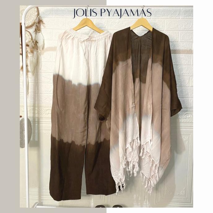 BAJU TIE DYE GRADASI COKLAT SETELAN WANITA BALI CARDIGAN OUTER - Cokelat