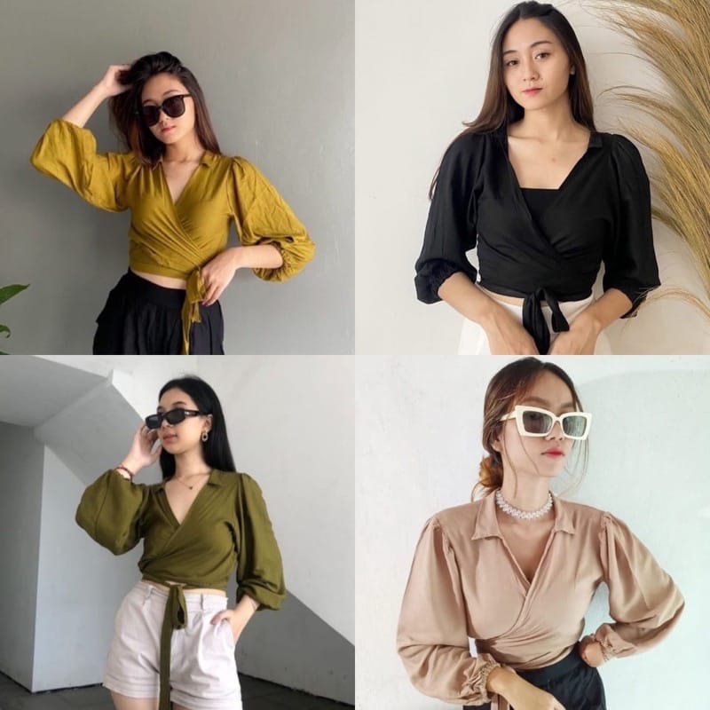 Angelie Wrap Rayon Diamond Top Blouse Wanita Lengan Panjang Murah