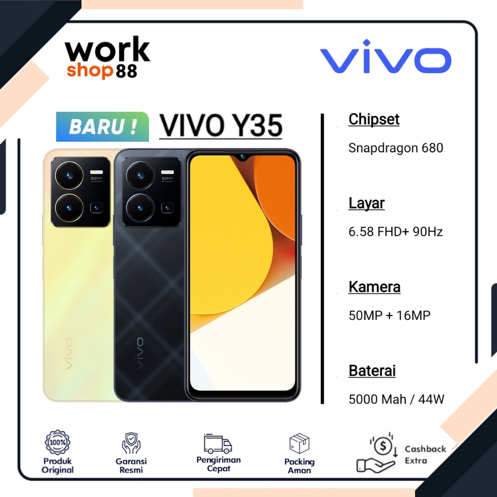 Produk Terbaru - HP Vivo Y35 Ram 8GB + 8GB Extended Up To 16GB | 128GB Rom - New Original Garansi Resmi Nasional - Snapdragon Gaming - Internal 8+8/128GBB - Warna Baru Dawn Gold Agate Black Emas Hitam - Promo Harga Toko Grosir Mura