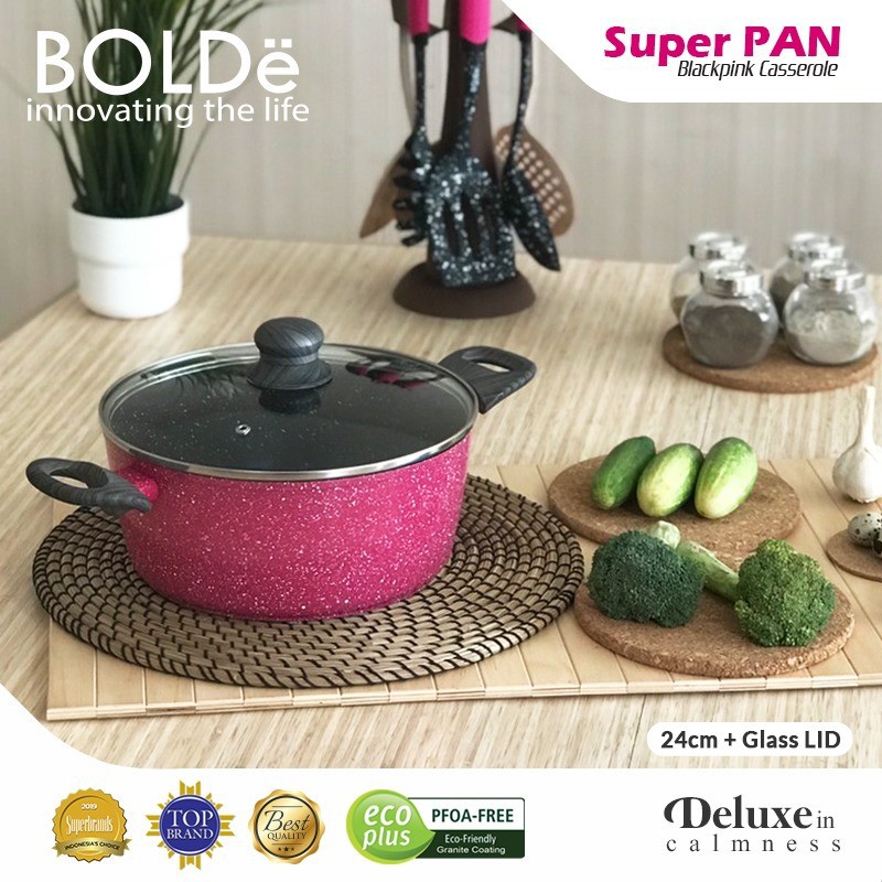 BOLDe SUPERPAN POT PAN GLASS LID BLACK PINK 24 CM - Casserole Granite Coating