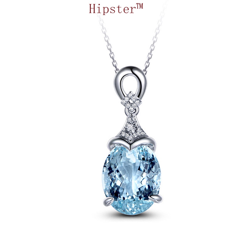 New Hot Selling Elegant Diamond Aquamarine Pendant White Gold Necklace