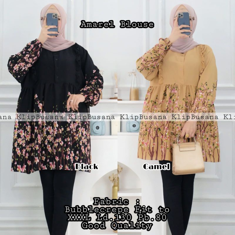 Atasan Tunik Floral Wanita Amarel KlipBusana - Midi Dress Hijab Perempuan Motif Bunga Sakura - Girl 