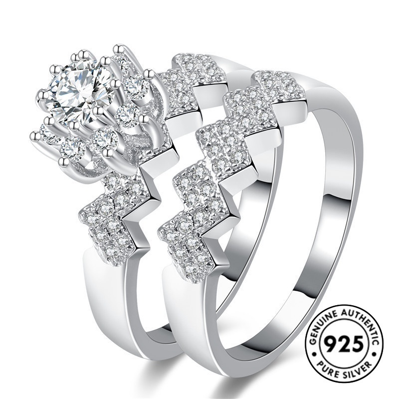 Set Cincin Desain Bunga Aksen Berlian Bahan S925 Silver
