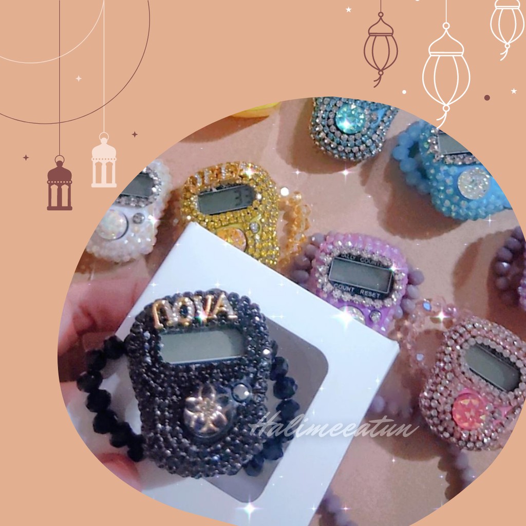 Alat Dzikir Tasbih Digital Swarovski Custom Nama non LED Tali Mutiara Blink Hias