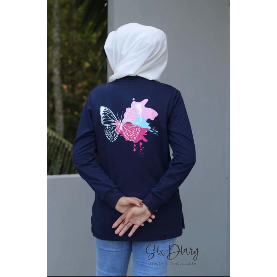 Kaos Wanita Atasan Wanita Kaos Lengan Panjang Wanita Six Diary WARNA navy Motif kupu-kupu // SIX DIARY/ATASAN WANITA/PAKAIAN WANITA TERBARU 2022