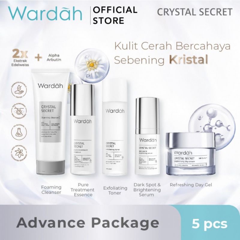WARDAH Crystal Secret Paket (Cleanser + Essence 50ml + Exfoliating Toner + Serum + Day Gel/Cream 15gr)