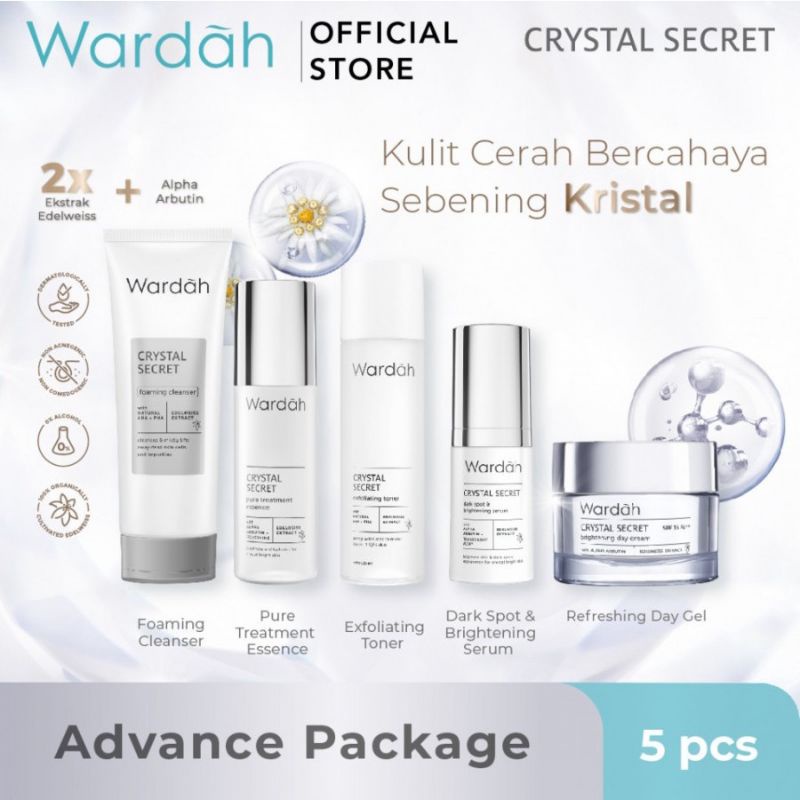 WARDAH Crystal Secret Paket (Cleanser + Essence 50ml + Exfoliating Toner + Serum + Day Gel/Cream 15g