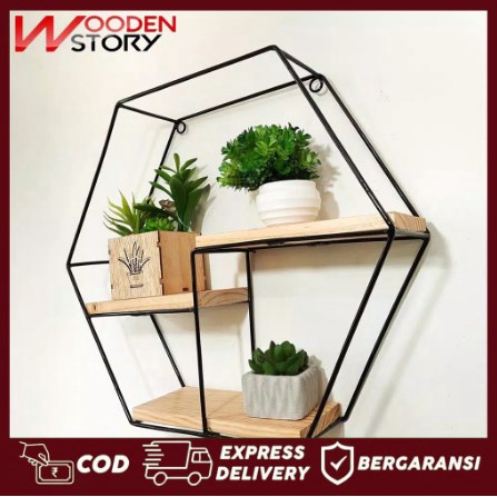 Rak Dinding Besi Minimalis Serbaguna / Rak Dinding Besi Tempel Kayu Bentuk Hexagonal / Rak Dinding H