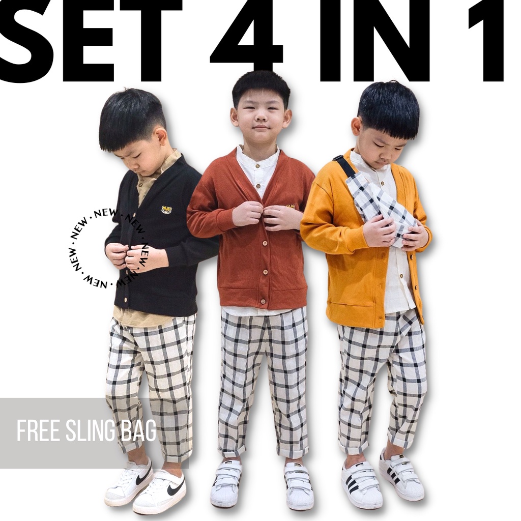 Roboy Kids Setelan Kemeja Anak Laki Laki Baju Anak Model Korea Lengan Pendek dengan Cardigan dan Cel