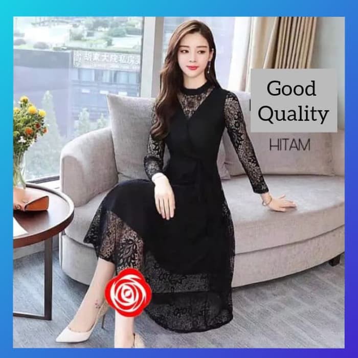 baju pesta wanita dress pesta imlek natal brukat korea gaun maxi hitam