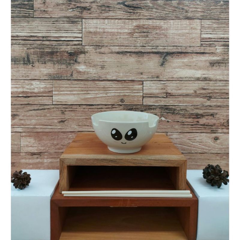 mangkok keramik jevanes motif karakter emoji jepang warna crem/mangkok sumpit jepang/mangkok soup