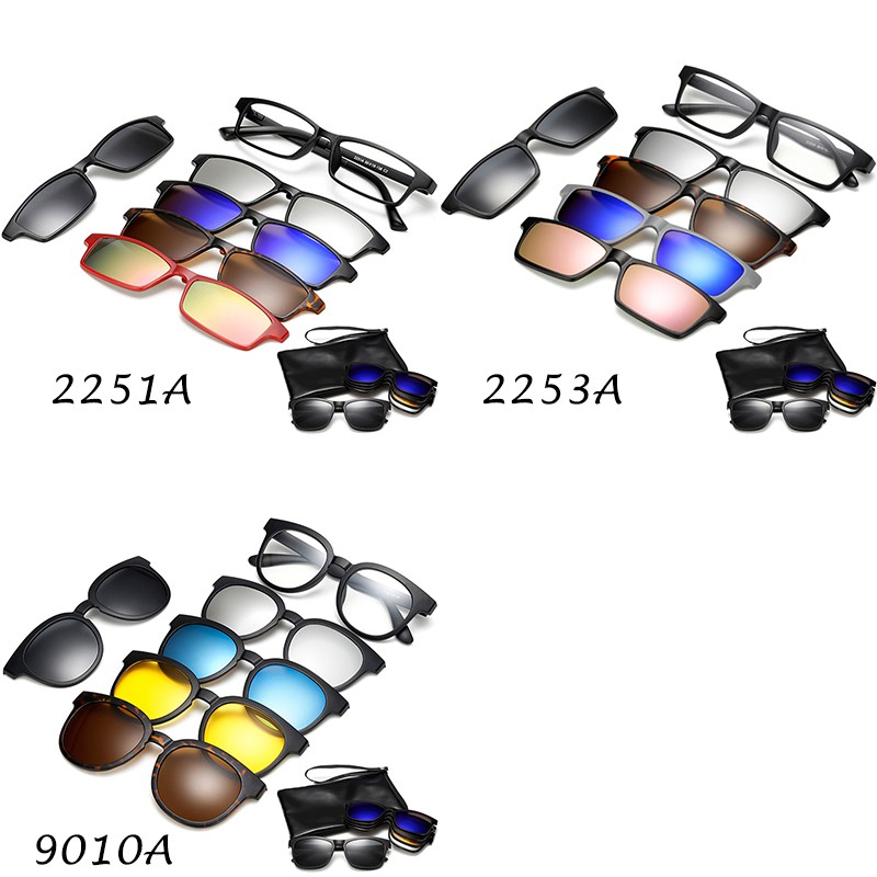 (YUZHU) Kacamata Hitam 6 In 1 Lensa HD Polarized Dengan Klip on Magnetik Tempat Dari Kulit