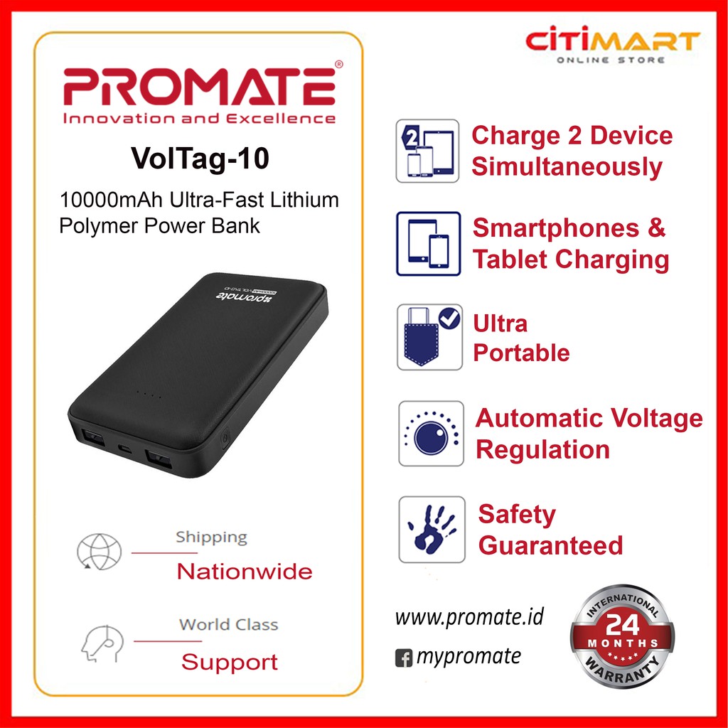 Promate PowerBank Voltag-10 10000mAh Ultra-Fast Lithium Polymer Power Bank