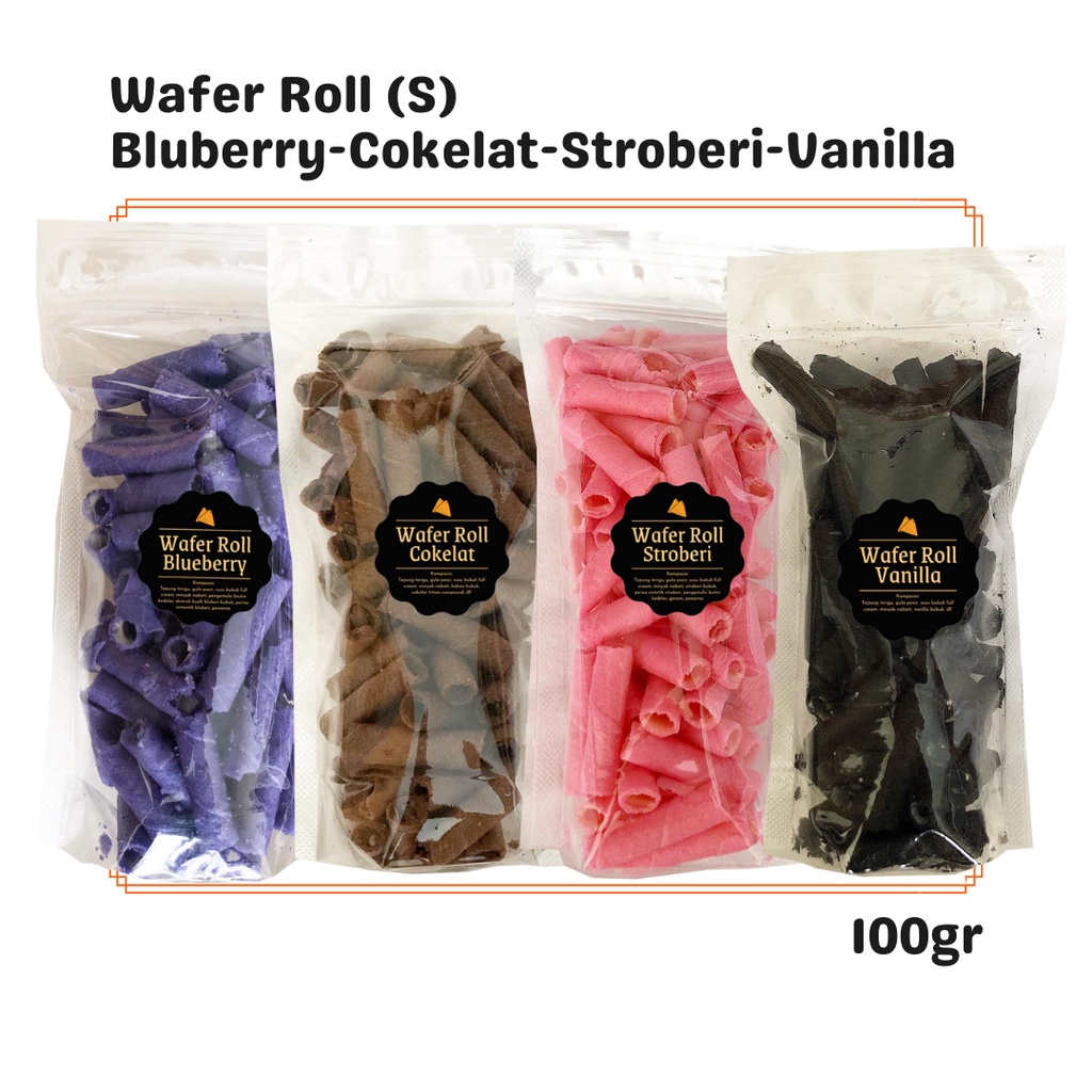 

Wafer Roll Cokelat / Stroberi / Vanilla / Blueberry (S) 100gr / Snack Cemilan Manis