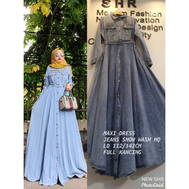 READY STOK SHR 100% Dress maxi jeans snow motif chanel full kancing import syahira