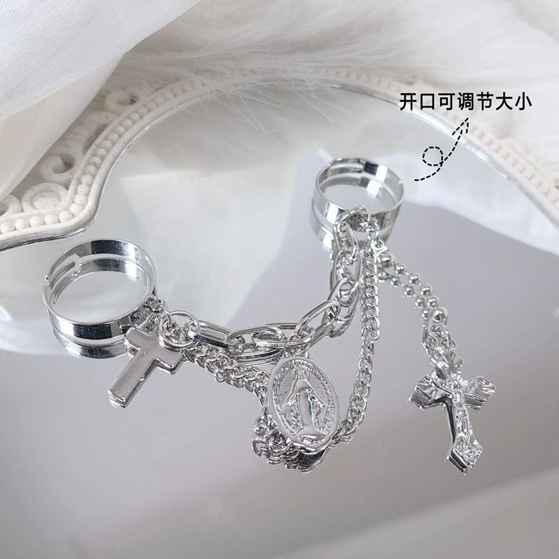 Double Finger Chain Ring Charm Hip-hop Cross Bracelets Open Ring Men &amp; Women Wave Trendy