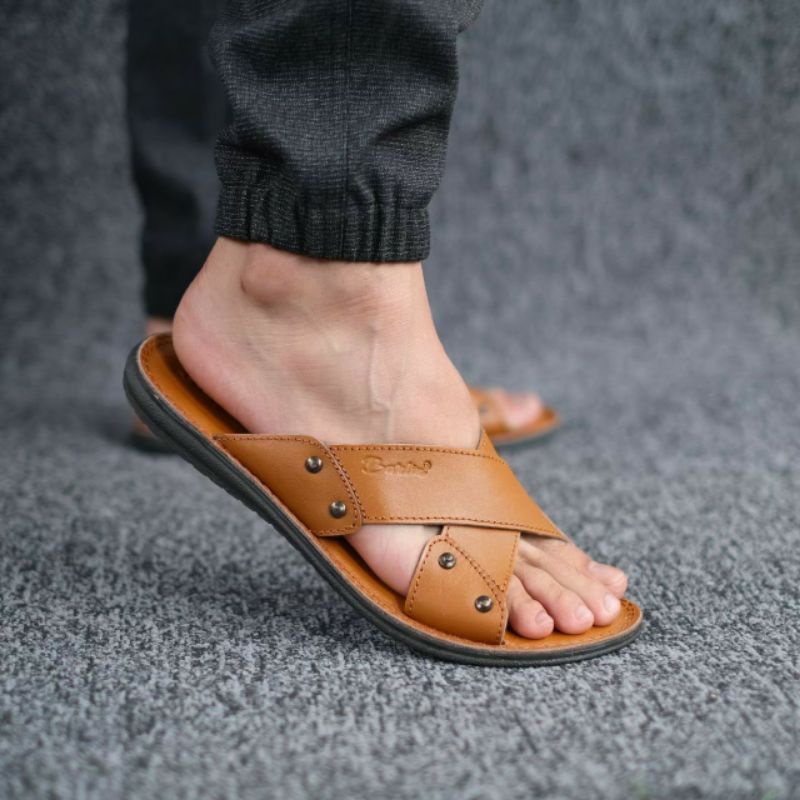 BRLN 003 Tan Sandal Casual Pria Full Kulit Asli Sendal Selop Santai Murah