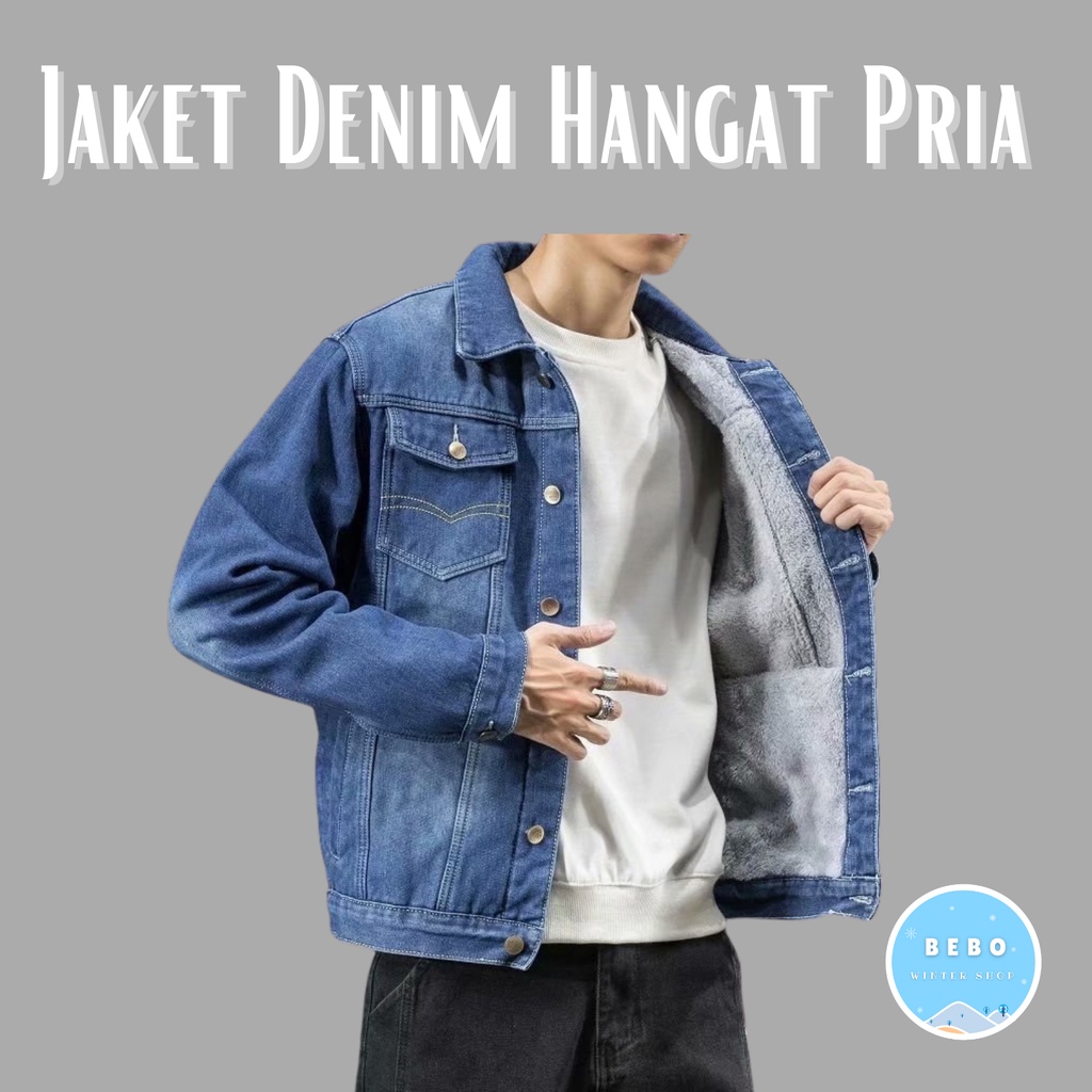 Jaket Jeans Pria Jaket Denim Pria Hangat untuk Musim Dingin