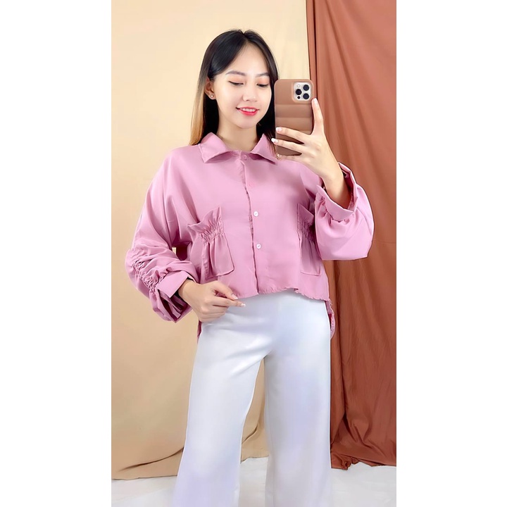 Tq88indonesia Fashion Blouse Serut  Lengan Panjang / SEORINA SHIRT XXL  / Blus / Busana Casual Wanita Terbaru / Baju Atasan Cewek / Ootd / Oufit Kasual Kekinian