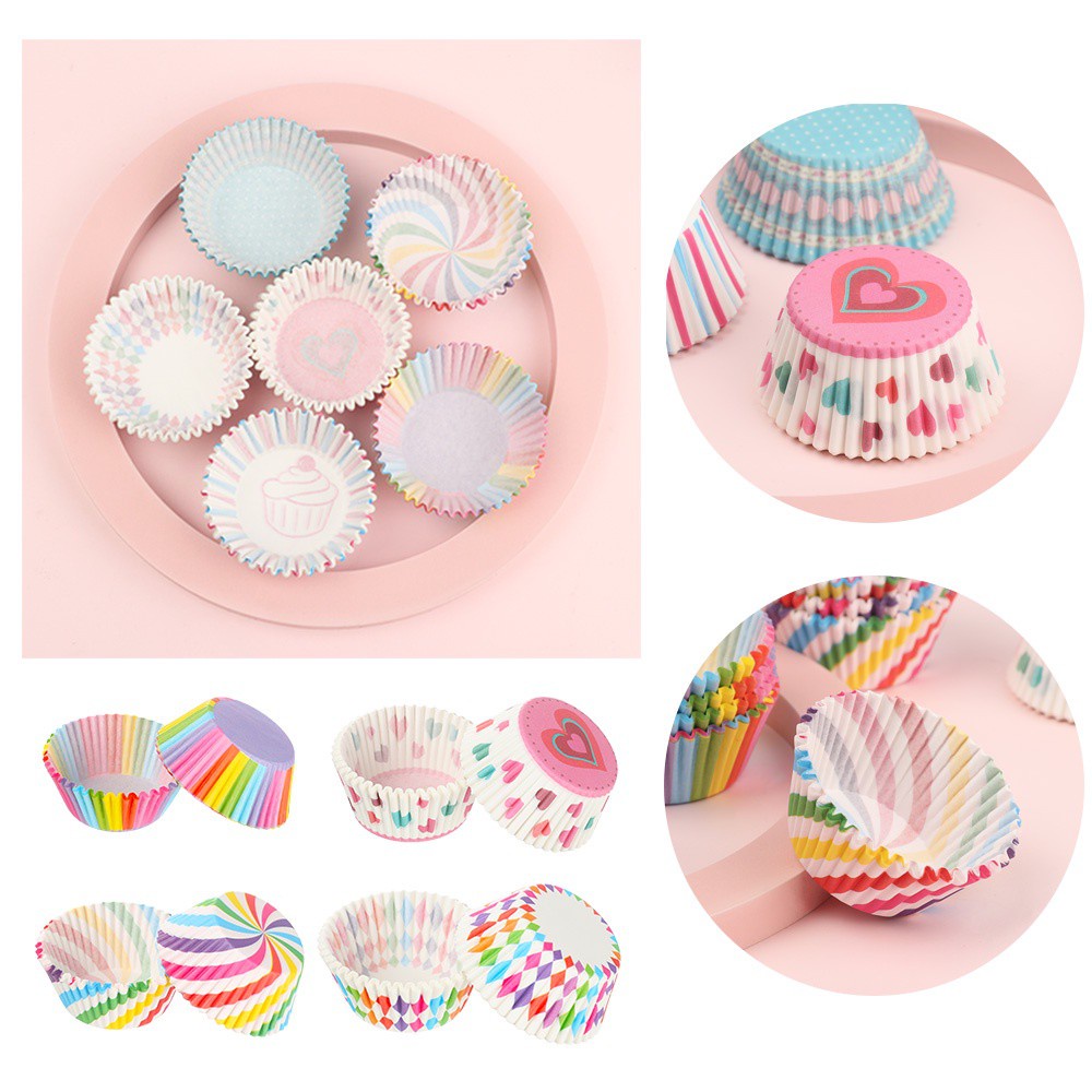 Suyou 100pcs / Set Kertas Pembungkus Cupcake / Muffin Anti Minyak Warna Pelangi Untuk Perlengkapan Dapur