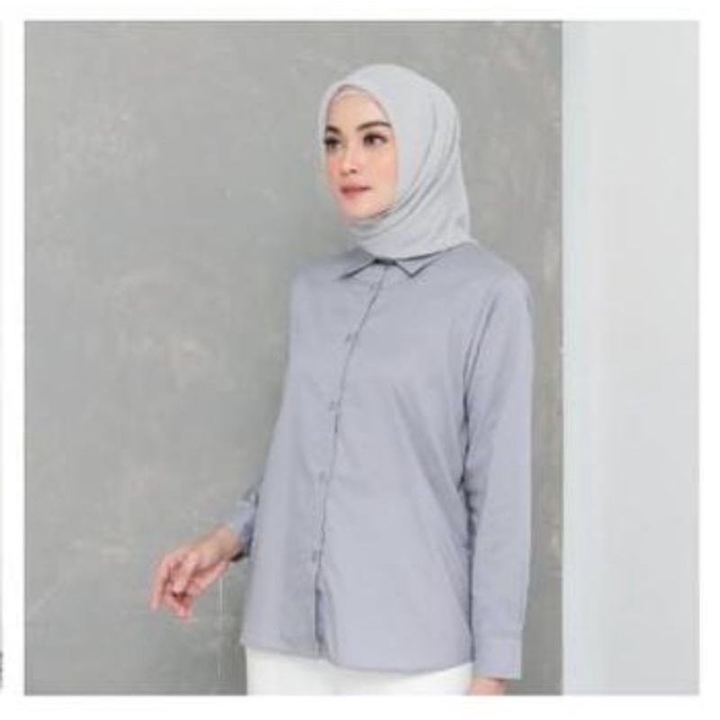 Kemeja wanita Putih Baju Kemeja Wanita Casual Hem Polos Cewek Kerja Kantoran Kuliah Kekinian Terbaru-Abu