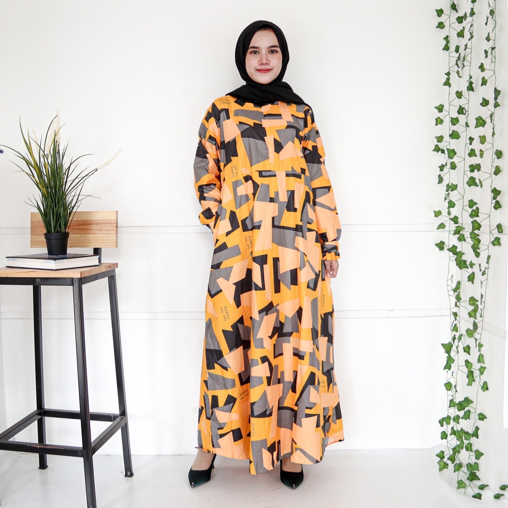 IZANY GAMIS / Dress Muslim XXL Jumbo Lengan Kancing Banyak Motif-ASIMETRIS ORANGE