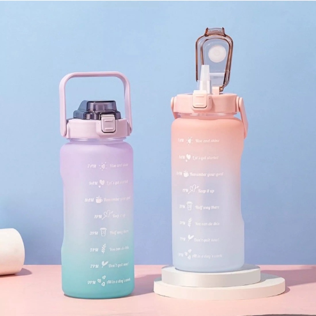 COD Botol Minum Gradasi 2 Liter 1 Liter Tutup Flip BPA Free Sedotan Sticker karakter Lucu