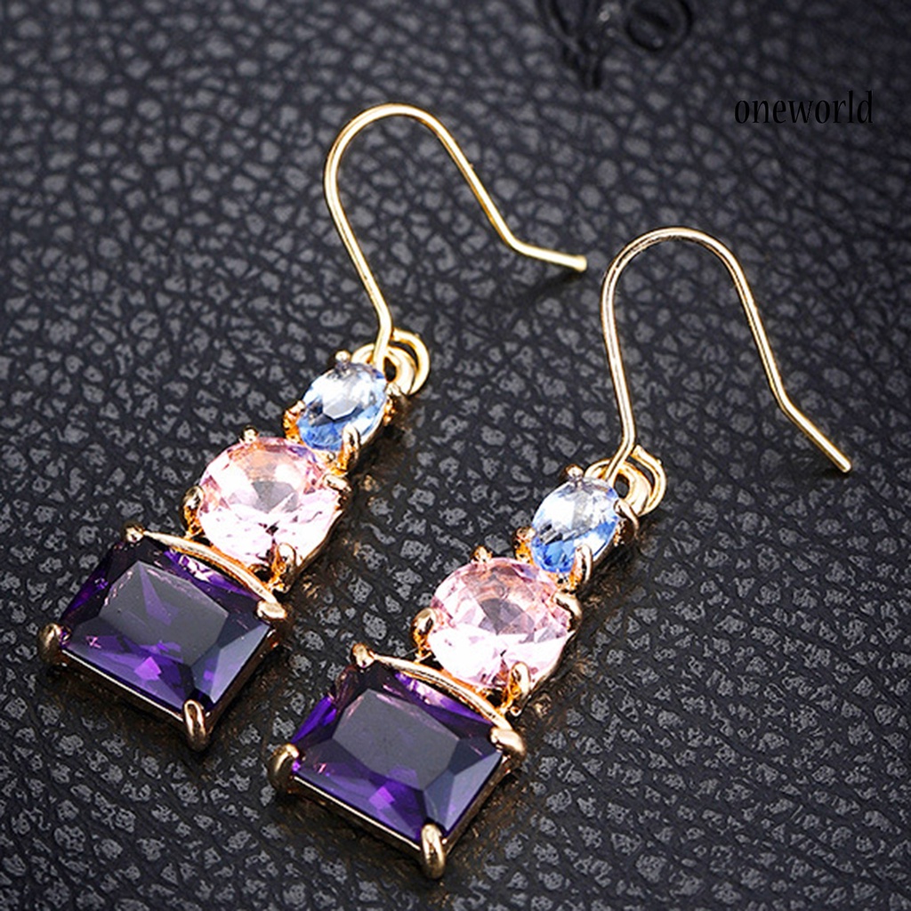 OW# 1 Pair Women Hook Earrings Skin-friendly Shiny Surface Copper Dangle Earrings with Large Faux Crystal for Wife