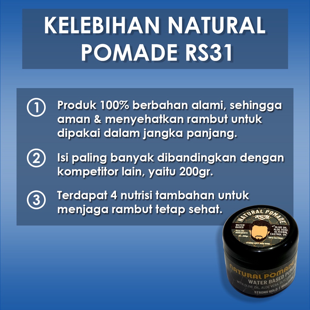 Natural Pomade isi 200 gr by RS31 water based pomade untuk tampilan klimis berkilau seorang pria.