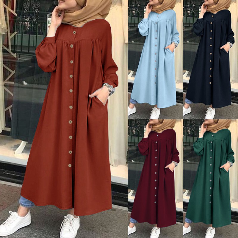 ZANZEA Women Lantern Sleeve Buttons Muslim Loose Casual Maxi Dress