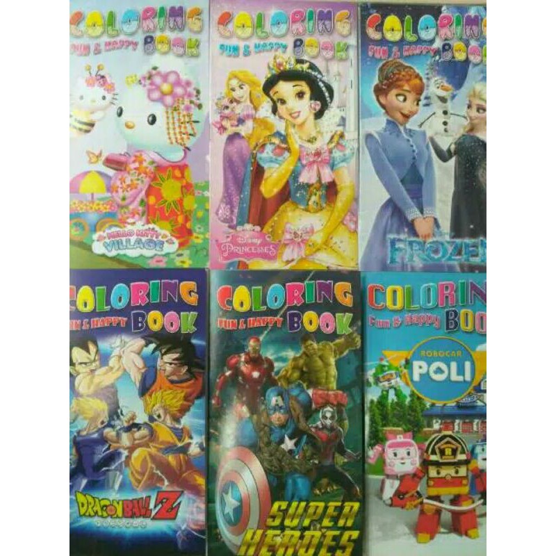 Buku Mewarnai colouring Book Fun & Happy Karakter  Avanger , poli , dragon ball hello Kitty , Frozen