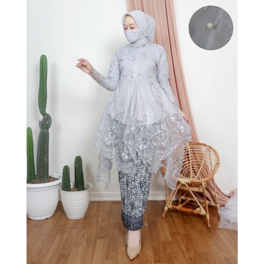 ADE> SET KEBAYA TUNIK AMANDA - OUTFIT KEBAYA MODERN - TUNIK TILLE KEBAYA MUTIARA / KEBAYA KONDANGAN-silver