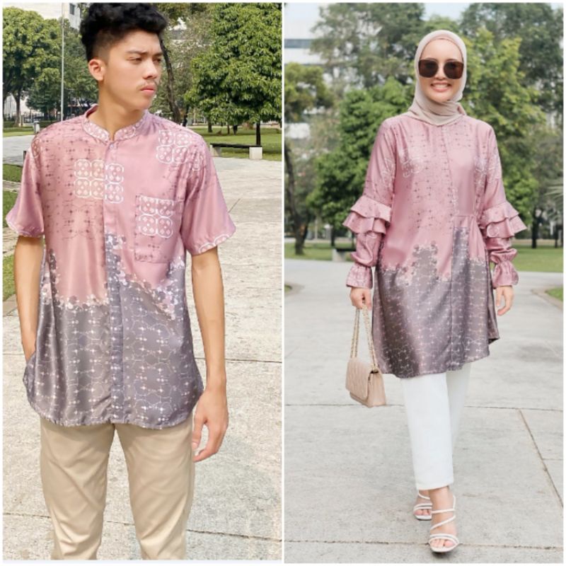 Preloved Vanilla Hijab Koko Blush size L & Awan Blouse Blush size M / Baju couple