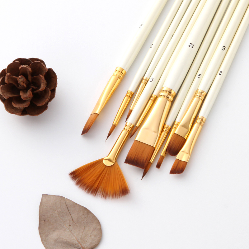 10Pcs/set Professional Nylon Hair Paint Brush Watercolor Acrylic Wooden Handle Painting Brushes Art Supplies