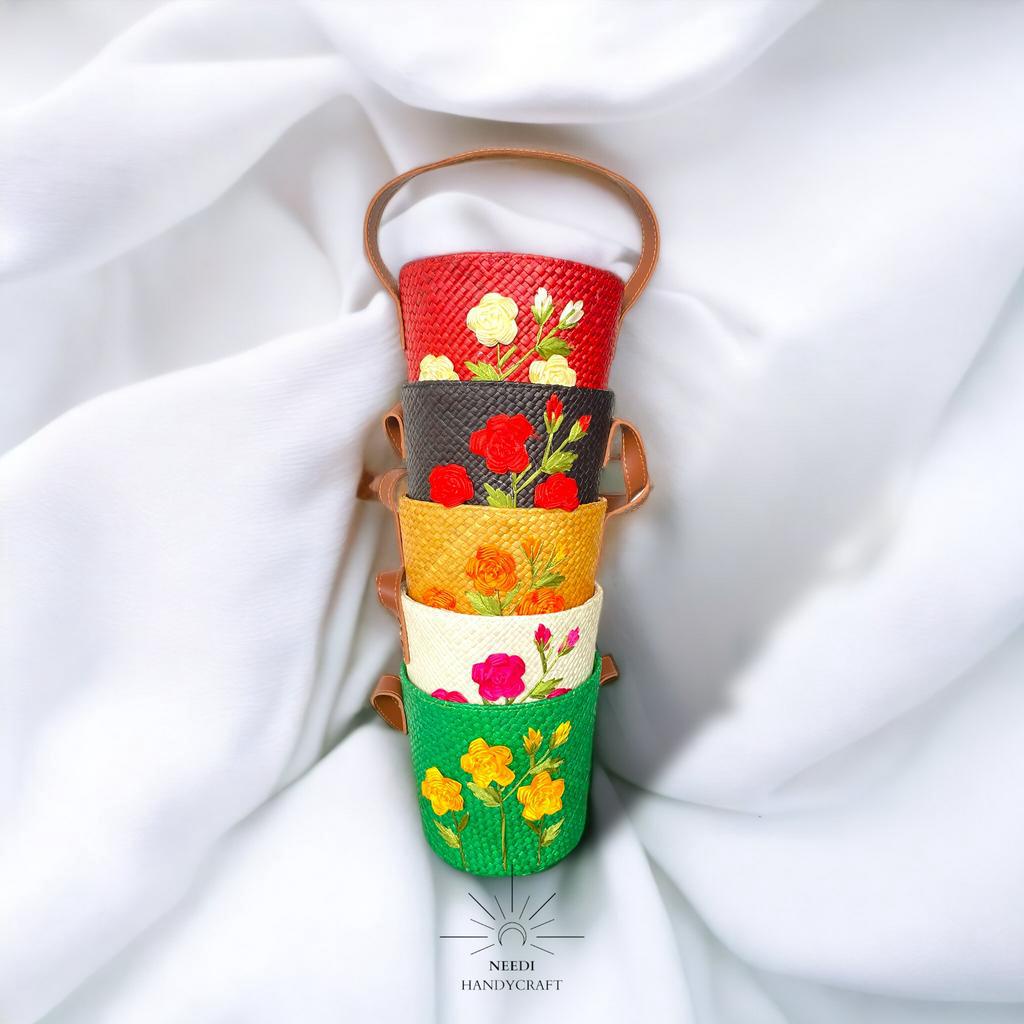 NEEDI ELENA VINYL BUNGA -  Tas Pandan Ember Polos Parcel Anyaman Tas Parcel Tas Hampers Hantaran