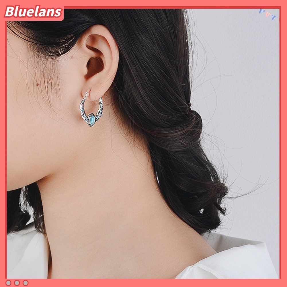 Anting Hoop Juntai Bentuk Bulu Aksen Turquoise Tiruan Gaya Vintage Untuk Wanita