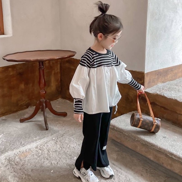 CHUBBI 37 Setelan Set Anak Perempuan Fashion Korean Stripe B&amp;W + Celana Kulot